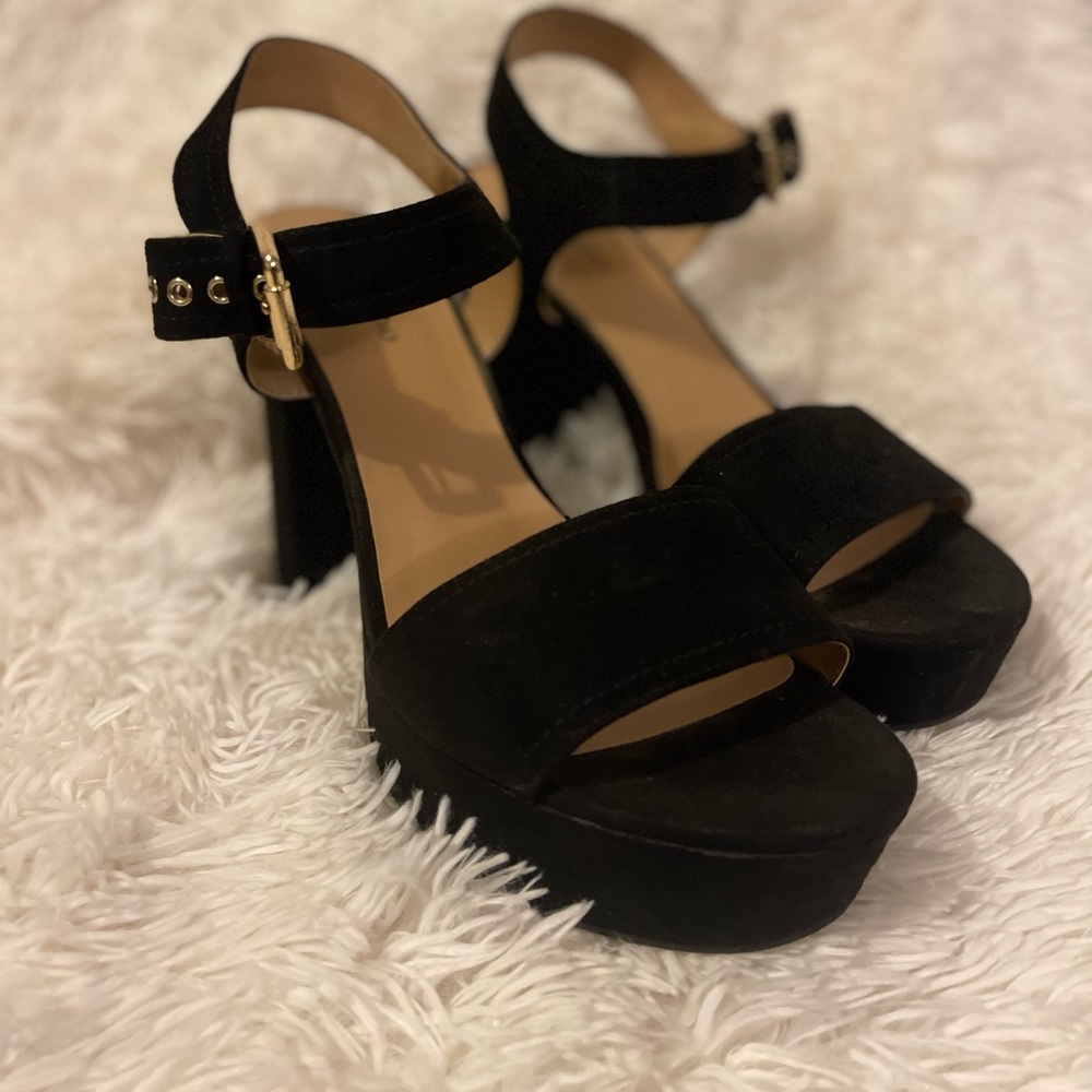 Black velvet block heels